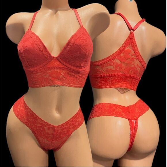 Victoria’s Secret Pink Set Lined padded Lace bralette & thong panty set Red S - Picture 3 of 5